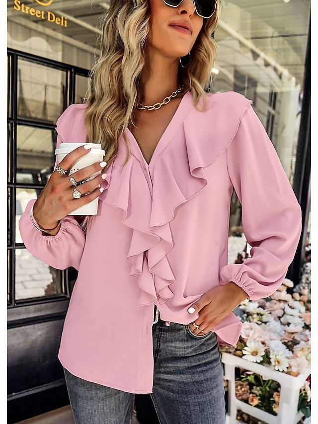  Рубашка Блуза Жен. Черный Розовый Винный Сплошной/однотонный цвет Оборки кнопка Повседневные Мода V-образный вырез Стандартный S