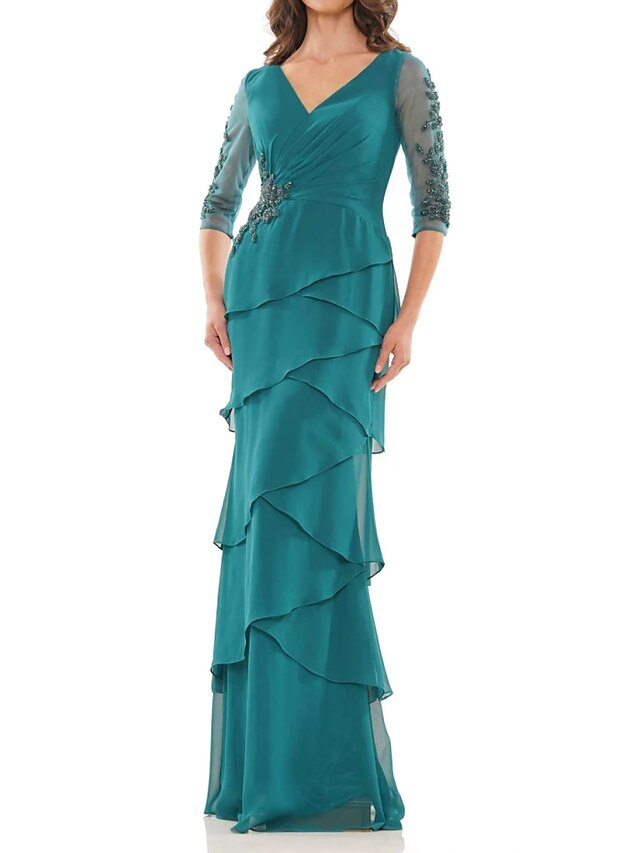 Sheath Column Mother Of The Bride Dress Wedding Guest Elegant V Neck Floor Length Chiffon Half 4946