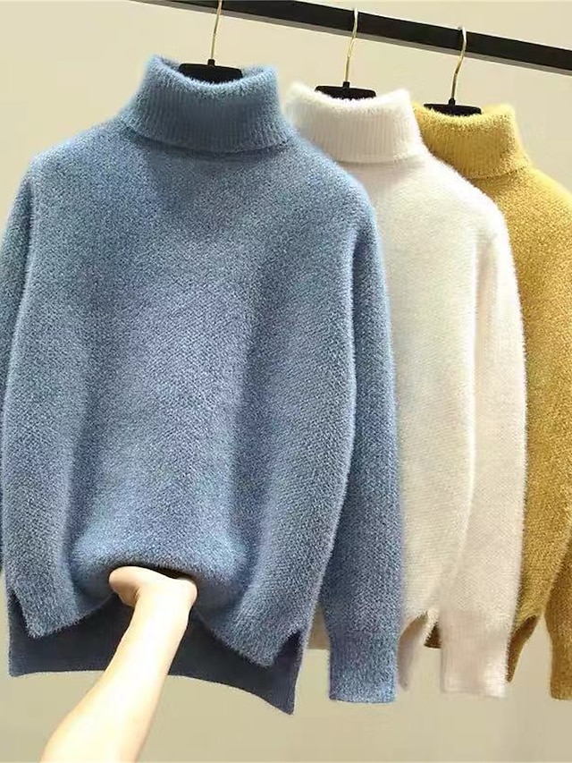  Damskie Sweter sweter Golf Prążkowany Robić na drutach Poliester Rozcięcie Jesień Zima Regularny Na zewnątrz Codzienny Wyjściowe Elegancki Codzienny Miękkie Długi rękaw Jednokolorowe Biały Żółty