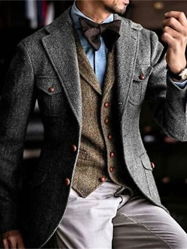  heren retro vintage tweed blazer visgraat normaal grote maat enkele rij knopen twee knopen zwart bordeaux groen kaki 2024
