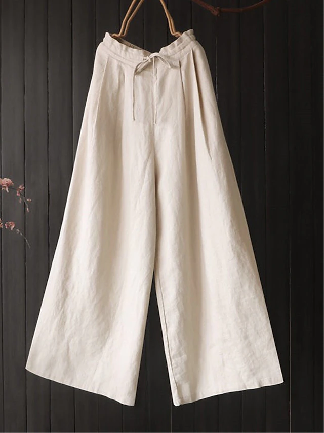 Women's Wide Leg Pants Trousers Vacation Vintage Streetwear Full Length High Waist Plain Drawstring Elastic Waist High Cut Comfort Breathability Soft Micro-elastic Vacation Home Street Black Red 11