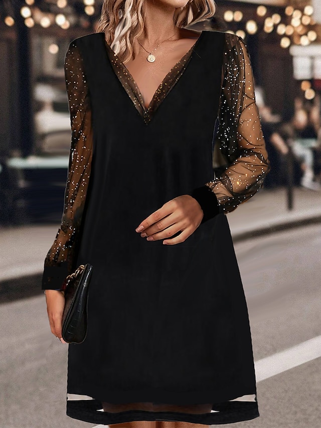  Dames Zwarte jurk Feestjurk Pailletten Netstof V-hals Lange mouw Mini-jurk Elegant Glitter Formeel Zwart Lente