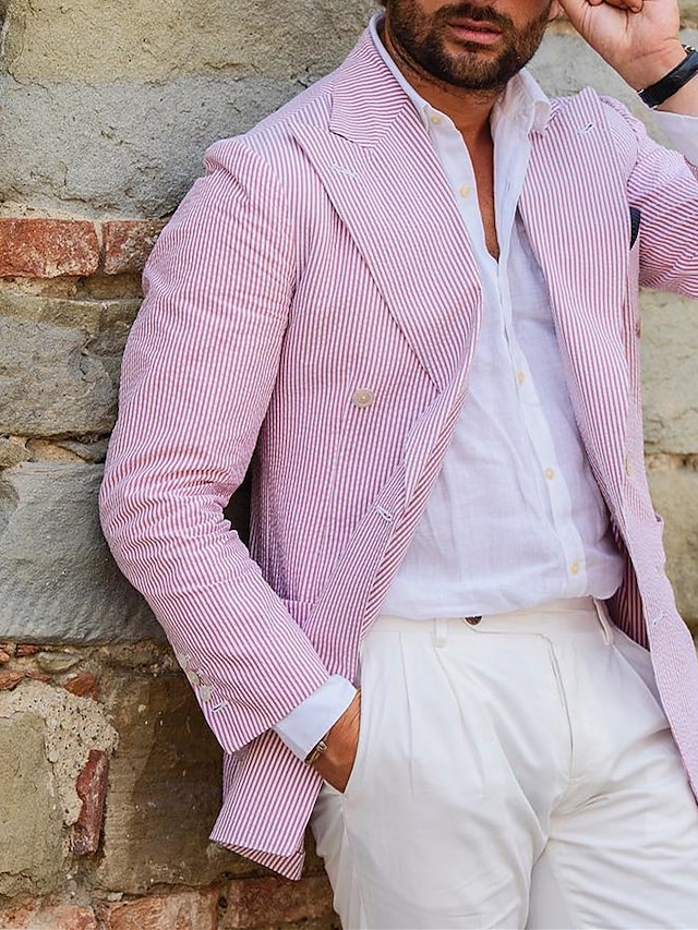 Men's Seersucker Blazer Spring & Summer Jacket Fashion Office Blazer Jacket Pinstripe Blazer Regular Plus Size Pink 2024
