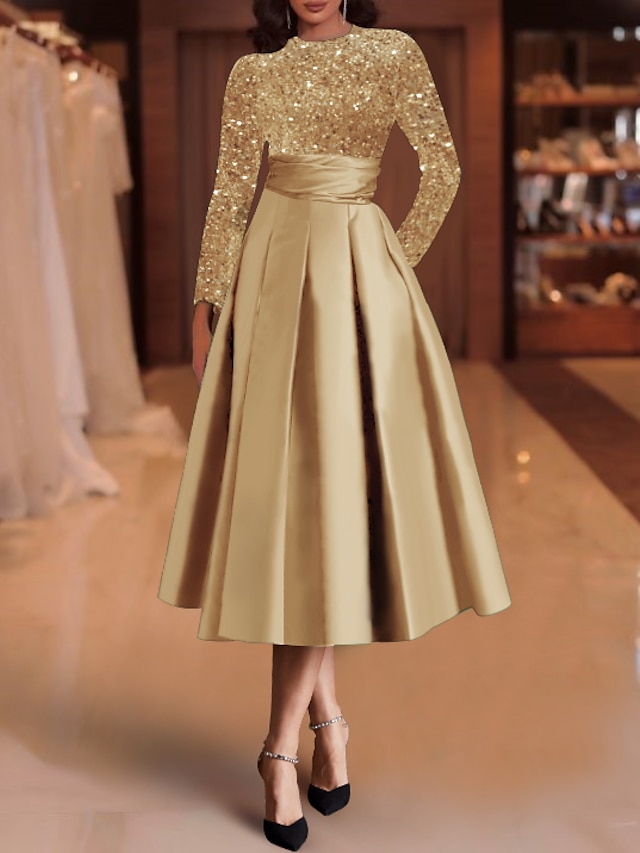  A-Line Cocktail Dresses Elegant Sparkle Wedding Guest Dress Red Green Dress Tea Length Long Sleeve Jewel Neck Satin with Pleats Sequin 2024