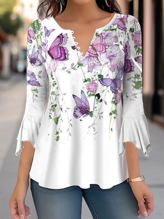  Women's Shirt Blouse Floral Button Print Casual Holiday Fashion 3/4 Length Sleeve Round Neck White Spring &  Fall