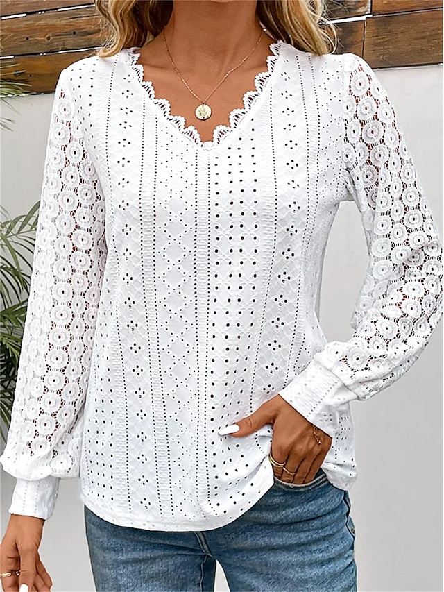  Per donna Camicia Blusa Liscio Informale Pizzo Collage Bianco Manica lunga Di tendenza A V Primavera & Autunno