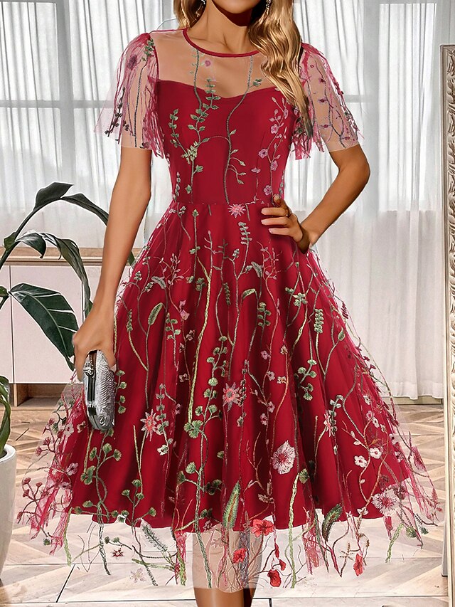 Women's Casual Dress Winter Dress Floral Ruched Mesh Crew Neck Midi