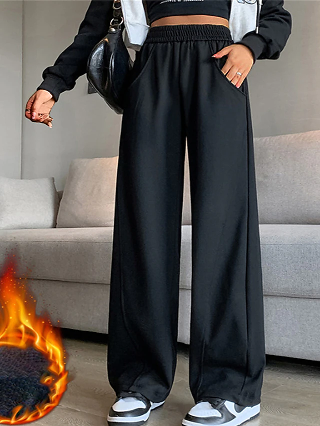 Women's Sweatpants Wide Leg Active Fashion Streetwear Full Length High Waist Plain Pocket Elastic Waist High Cut Thermal Warm Comfort Soft Micro-elastic Outdoor Vacation Street Apricot Grey Black 16