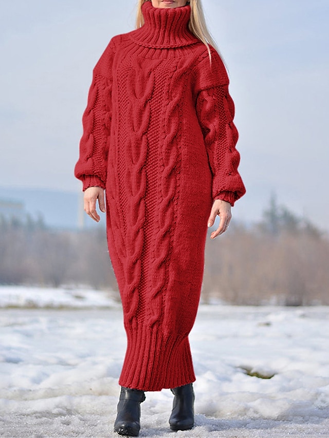  Mujer Vestido de Suéter Vestido tipo jersey Vestido de invierno vestido largo vestido largo Prendas de punto Cálido Moda Color puro Exterior Diario Vacaciones Noche Cuello Alto Manga Larga 2023