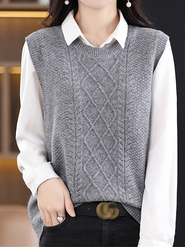  Pentru femei Vestă pulover Stil Nautic Cablu Tricotat Polyester Supradimensionat Toamnă Iarnă Scurt Zilnic Ieșire Sfârșit de săptămână Stilat Casual Moale Fără manșon Culoare solidă Culoarea cafelei