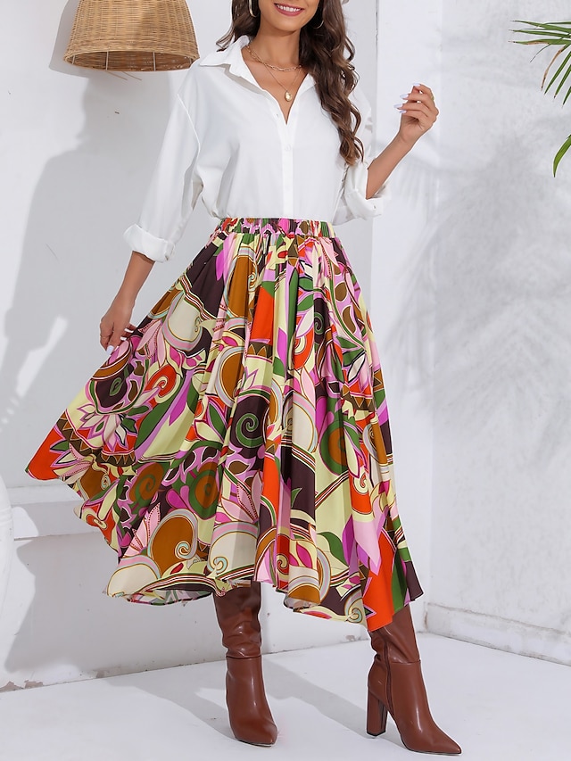 Swing A-Line Midi Skirt Tencel Viscose High Waist Pocket Print