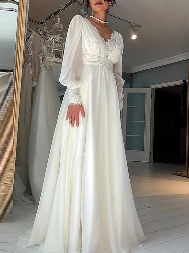 Little White Dresses Wedding Dresses A Line V Neck Long Sleeve Sweep   Lzmnum1699183287326 