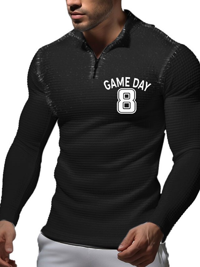  Men's Waffle Polo Shirts Long Sleeve Polo Shirts Turndown Zip Casual Daily 3D Print Fall & Winter Black And White Black White