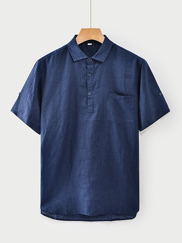  100% linnen Voorvak Voor heren Overhemd linnen overhemd Zwart Wit Donkerblauw Korte mouw Effen Revers Zomer Buiten Dagelijks Kleding