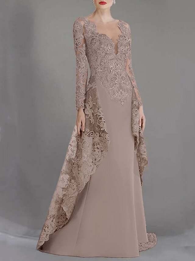 A-Line Mother of the Bride Dress Wedding Guest Elegant V Neck Sweep / Brush Train Stretch Chiffon 3/4 Length Sleeve with Bow(s) Sequin Ruching main image 0