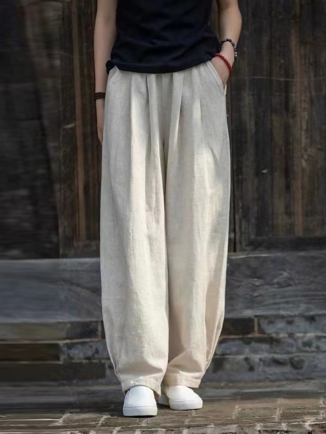 Women's Wide Leg Pants Trousers Linen Cotton Blend Plain Full Length ...