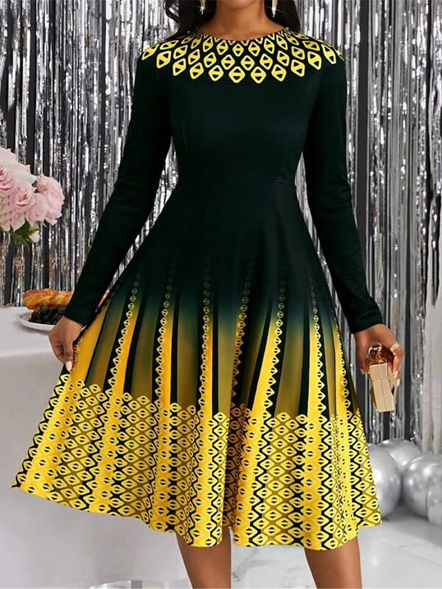Women's Midi Dress A Line Dress Casual Dress Winter Dress Swing Dress Streetwear Modest Formal Vacation Party Regular Fit Geometric Color Block Long Sleeve Crew Neck Yellow Pink Blue Purple 11