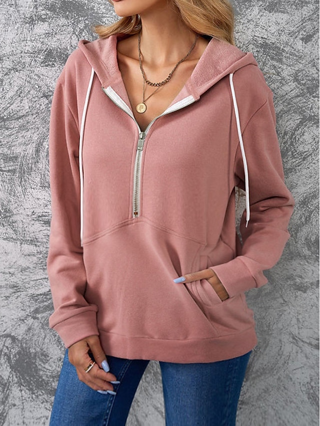  Women's Zip Up Hoodie Sweatshirt Pullover Plain Casual Sports Drawstring Half Zip Front Pocket Pink Active Sportswear Hooded Long Sleeve Top Micro-elastic Fall & Winter