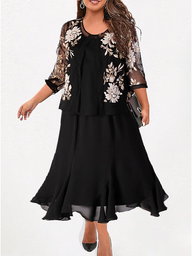  Γυναικεία Μεγάλα Μεγέθη Καμπύλη Μαύρο φόρεμα Φόρεμα για πάρτυ Φόρεμα δύο τεμαχίων Φλοράλ Μίντι φόρεμα 3/4 Μήκος Μανικιού Στάμπα Στρογγυλή Ψηλή Λαιμόκοψη Κομψό Πάρτι Μαύρο Φθινόπωρο Χειμώνας L XL XXL