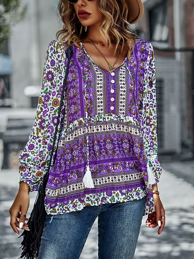 Women's Shirt Boho Shirt Lace Shirt Blouse Fashion Floral Lace up Print Long Sleeve Regular Tops V Neck Casual Holiday Red Navy Blue Blue Purple Green Spring & Fall 29