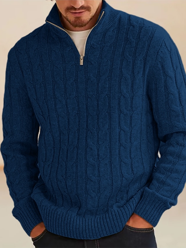  Men's Sweater Pullover Sweater Jumper Knit Sweater Ribbed Cable Knit Regular Knitted Plain Quarter Zip Vintage Keep Warm Daily Wear Going out Clothing Apparel Fall Winter Black Blue S M L