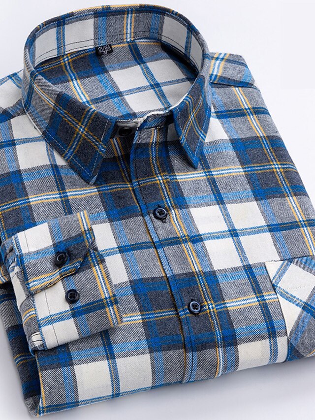 Men's Shirt Button Up Shirt Casual Shirt Plaid Shirt Overshirt Yellow Royal Blue Blue Sky Blue