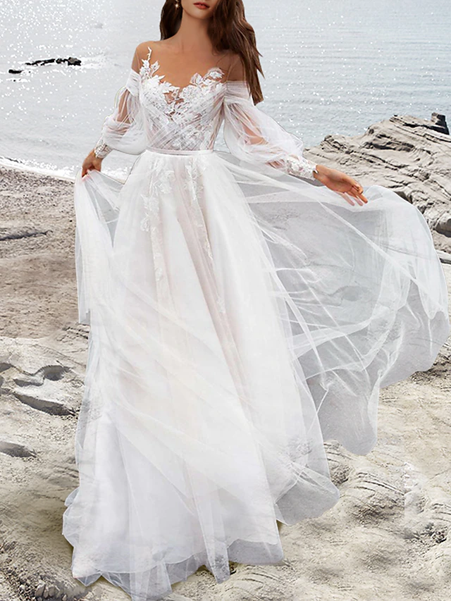 Beach Wedding Dresses A-Line Off Shoulder Long Sleeve Sweep / Brush ...