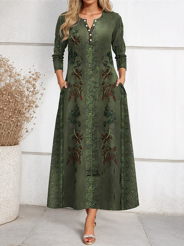 Women's Casual Dress Winter Dress Floral Print Button Crew Neck Midi