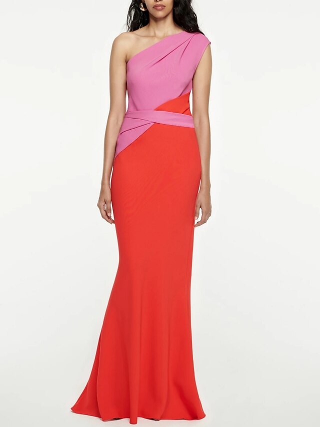 Ivory Formal Dresses Girls One Shoulder Trumpet/Mermaid Sleeveless Pleats Long Stretch Satin Formal Dresses main image 1