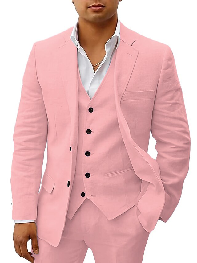 Men's Linen Suits Beach Wedding Summer Suits Solid Colored 3 Piece