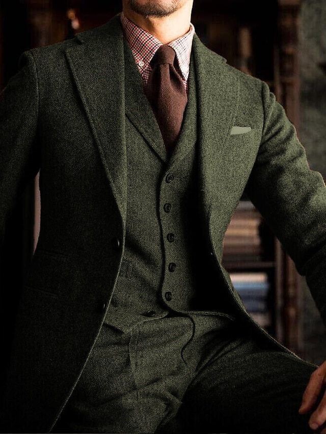  kakigrønne tweed-bryllupsdragter til mænd ensfarvede 3-delt daglige plus size enkeltradede to-knapper 2024