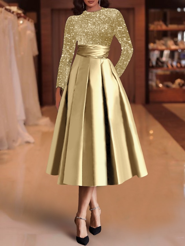  Corte A Vestido Midi Vestidos de coctel Vestidos de fiesta Elegante Lentejuelas Manga Larga Joya Navidad Invitado a la boda Satén con Plisado Lentejuela 2025
