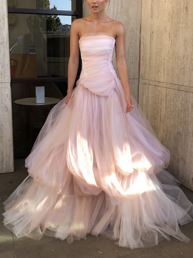  A-Line Evening Gown Elegant Dress Formal Court Train Sleeveless Strapless Tulle with Pleats Ruched 2024