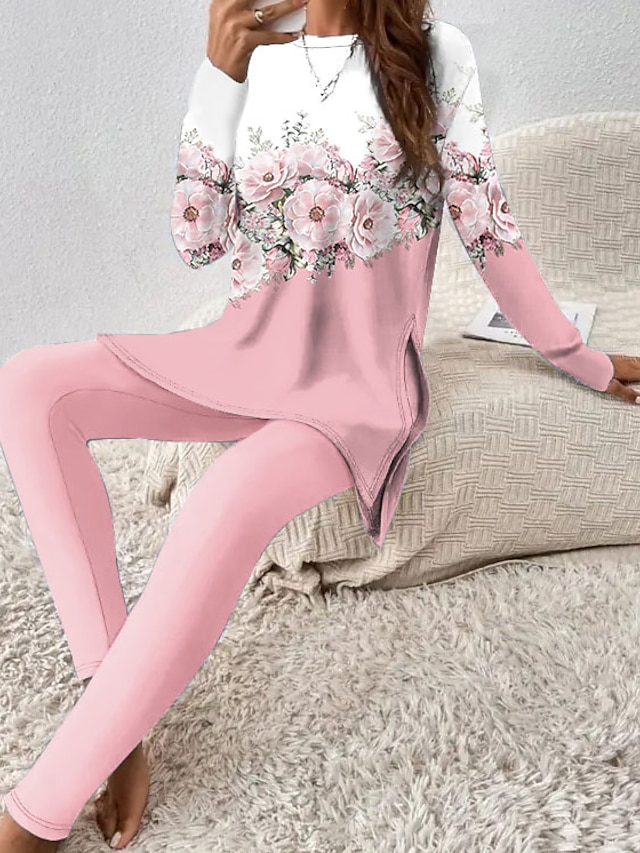  Femme T shirt Tee Ensembles de pantalons Floral Casual Quotidien Imprimer Rose Claire manche longue Mode Col Rond Printemps & Automne