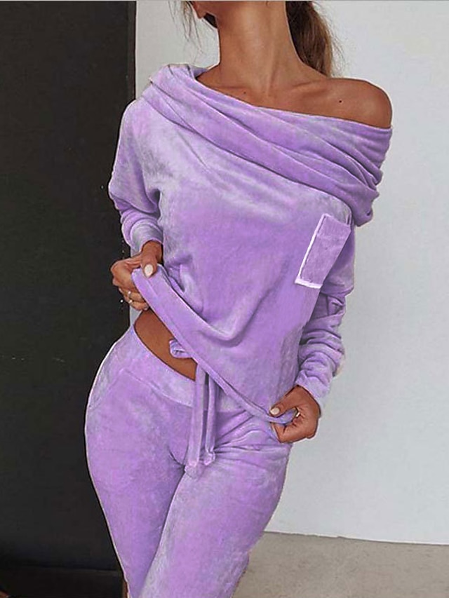  Women‘s Loungewear Sets Winter 2 Pieces Pure Color Comfort Plush Home Street Polyester One Shoulder Long Sleeve Pant Elastic Waist Winter Fall Purple Pink