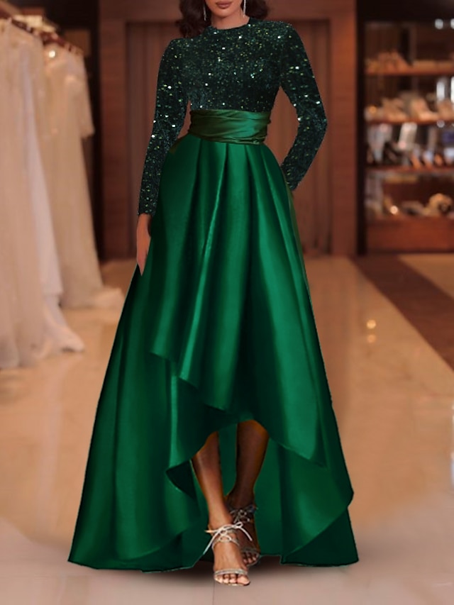  Aライン カクテルドレス スパークルドレス 赤 緑 ドレス 結婚式のゲスト 非対称 長袖 ジュエルネック サテン スパンコール付き 2024