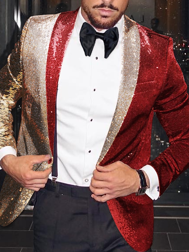  Chaqueta tipo blazer con lentejuelas disco a la moda para hombre, patrón de talla grande, corte entallado regular, botonadura única, un botón, negro, dorado, rojo, 2024