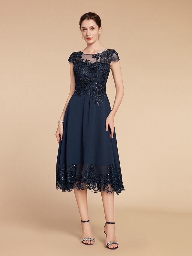A-Line/Princess Shirt Collar Satin Mother of the Bride Dresses Tea-Length Lace Sequins 3/4 Sleeves Floral 3D Flower