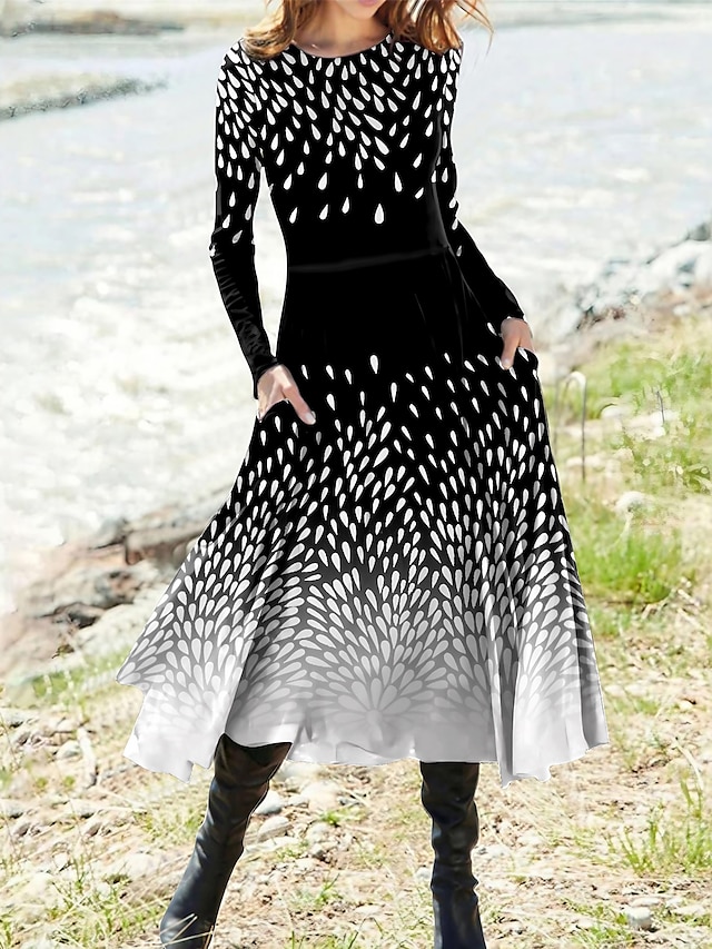  Γυναικεία Καθημερινό φόρεμα Χειμερινό φόρεμα Φόρεμα σε γραμμή Α Ombre Τσέπη Στάμπα Στρογγυλή Ψηλή Λαιμόκοψη Μίντι φόρεμα Καθημερινά Διακοπές Μακρυμάνικο Φθινόπωρο Χειμώνας