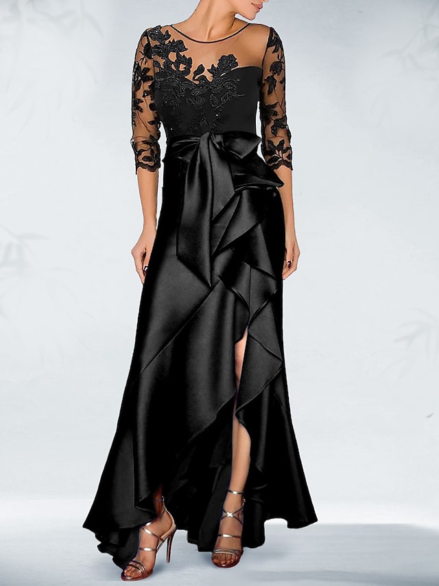  A-linje Cocktailkjoler Liten svart kjole Kjole Bryllupsgjest Vinter Asymmetrisk 3/4 ermer Besmykket Sateng med Sløyfe(r) Perlearbeid Appliqué 2024
