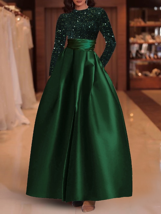  Robe de soirée trapèze élégante, robe rouge verte, longueur au sol pour invités de mariage, manches longues, col bijou, satin avec paillettes, 2024