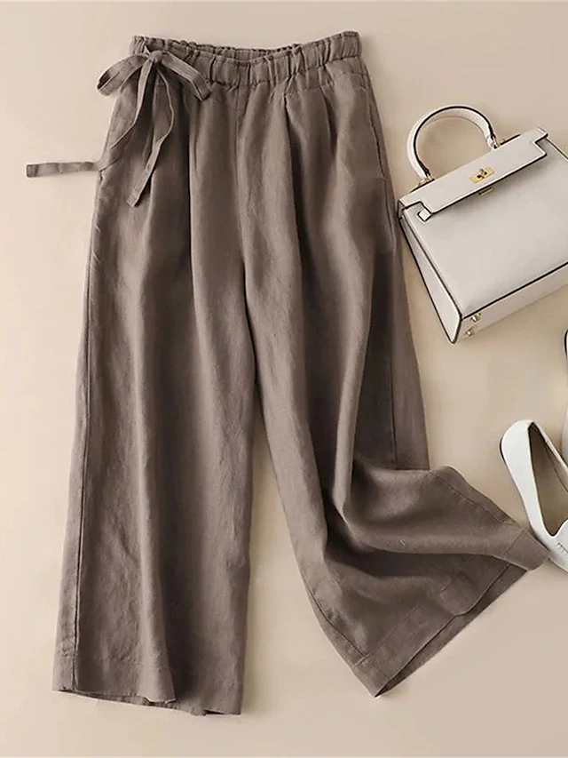 Women's Wide Leg Cropped Pants Vacation Vintage Casual Ankle-Length High Waist Solid Color Drawstring Elastic Waist Breathable Comfortable Micro-elastic Outdoor Street Daily ArmyGreen Maroon Red hemp 12