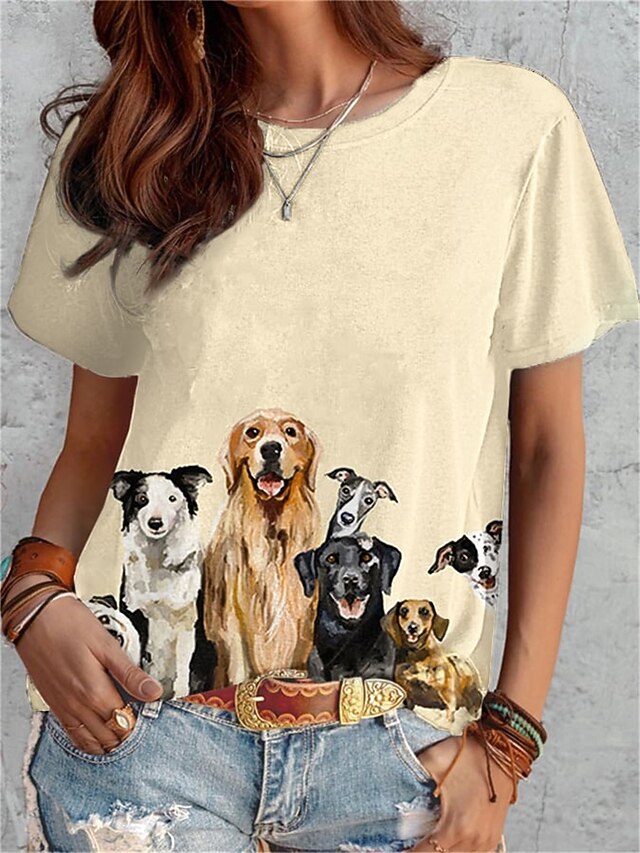 Women's T Shirt Fashion Funny Dog Print Short Sleeve Regular Tops Round Neck Daily Weekend White Yellow Blue Brown Gray Spring & Summer 6