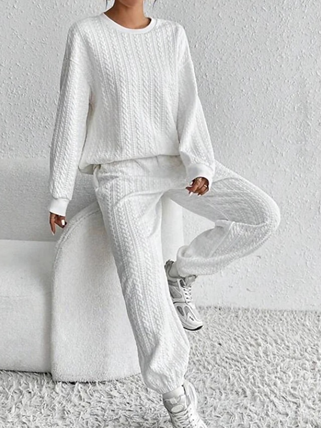  Hoodie Set Women's White Solid Color 2 Piece Sports & Outdoor Daily Sports Daily Round Neck Textured Regular Fit S