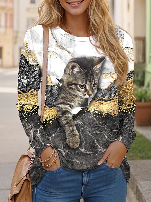  Per donna maglietta Gatto 3D Stampa Giornaliero Fine settimana Di tendenza Divertente Manica lunga Rotonda Giallo Primavera & Autunno