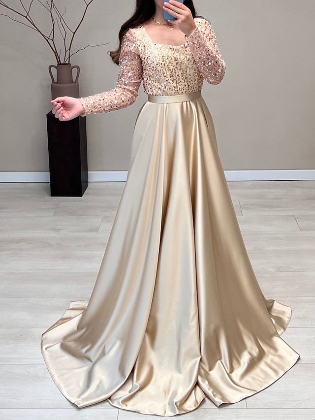 A-Line Evening Gown Elegant Dress Wedding Guest Fall Court Train Long ...
