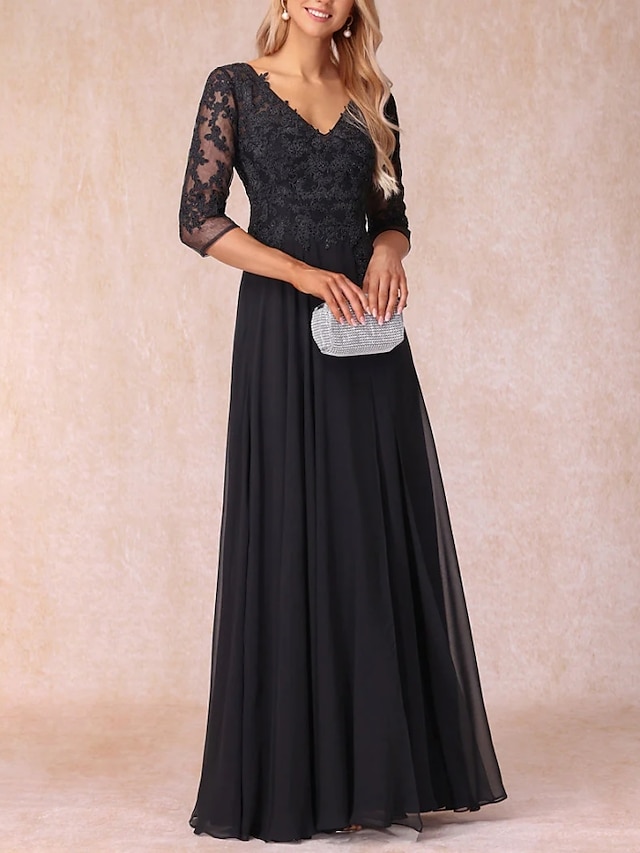  A-Line Mother of the Bride Dress Wedding Guest Elegant V Neck Floor Length Chiffon Lace 3/4 Length Sleeve with Ruching Solid Color 2024