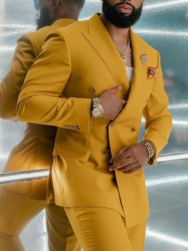  חליפות נשף צהובות לגברים חליפות חתונה בצבע אחיד 2 חלקים יומית עסקית פלוס מידה כפולה חזה שישה כפתורים 2024