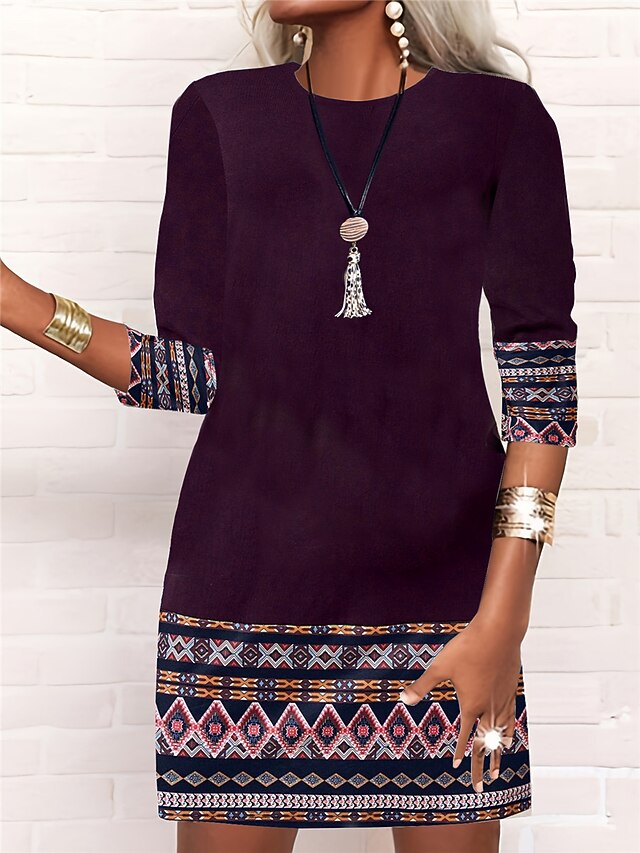 Women's Work Dress Casual Dress Fashion Winter Dress Daily Mini Dress Print Crew Neck Long