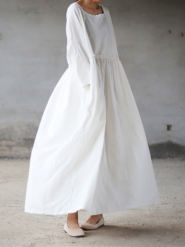  女性用 白いドレス ロングドレス マキシドレス コットン ポケット バケーション ストリートファッション ベーシック スクエアネック 長袖 ブラック ホワイト ルビーレッド カラー